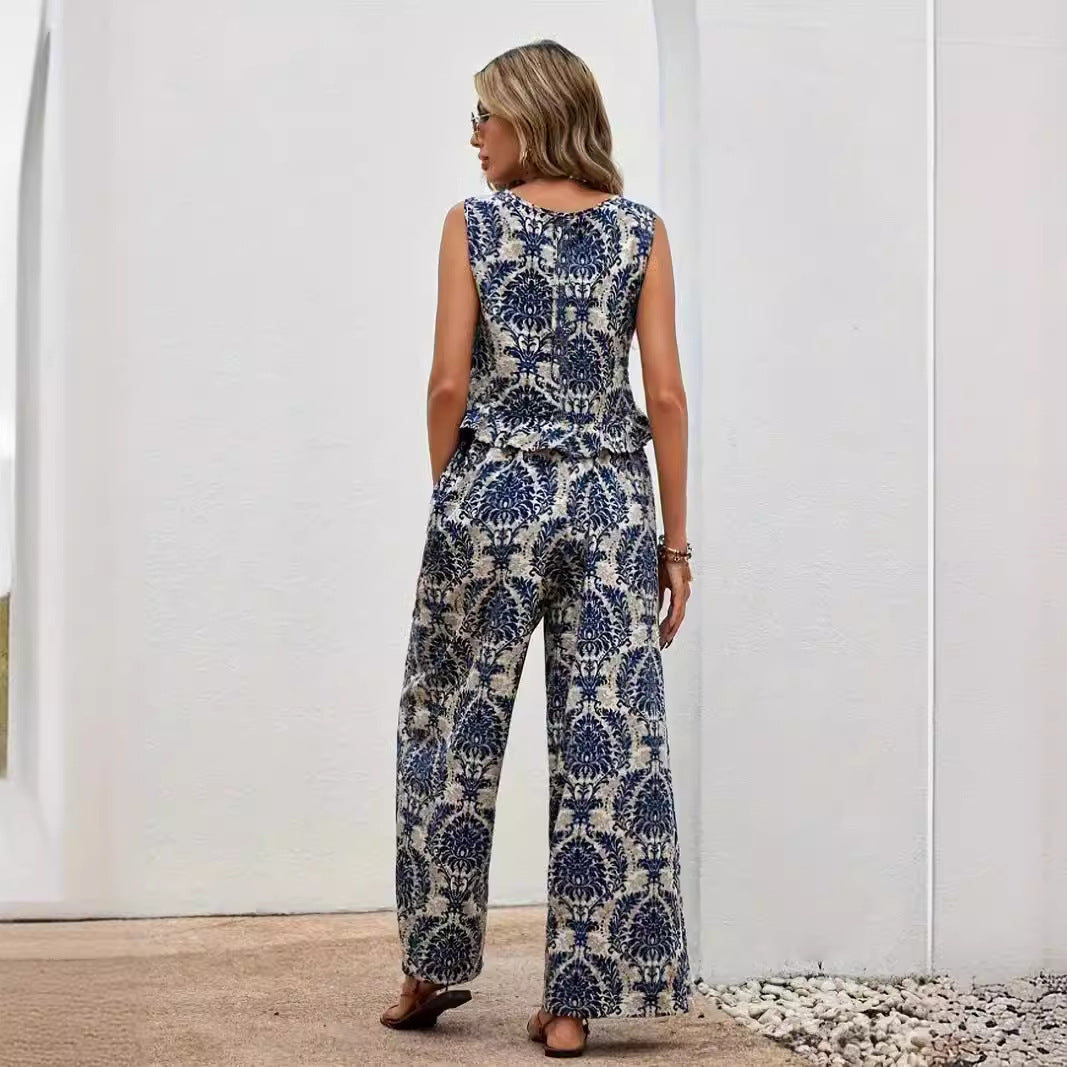 MAREN | Boho Co-Ord Set Dames – Luchtige Tweedelige Outfit met Blauw Witte Print