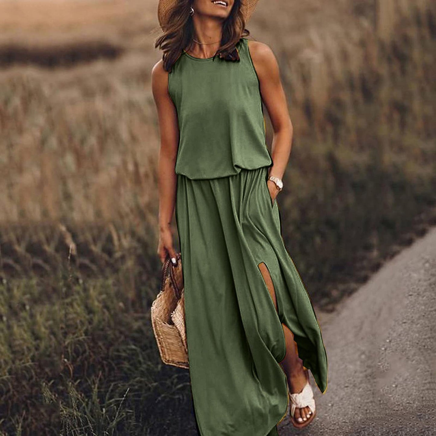 ZENDAYA | Mouwloze Maxi Jurk met Split – Casual Zomerjurk met Pockets