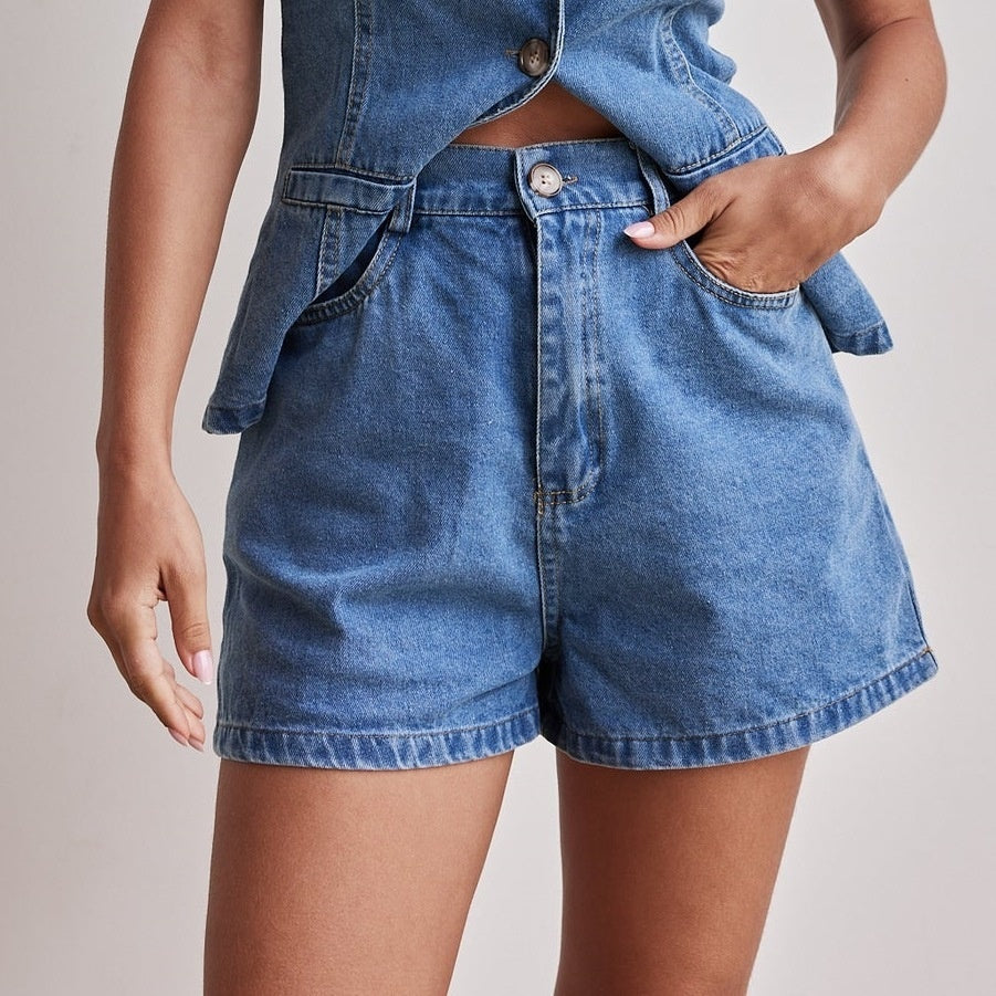 LINSEY |  Denim Gilet en Shorts Set Dames – Trendy Zomeroutfit van Stevig Denim