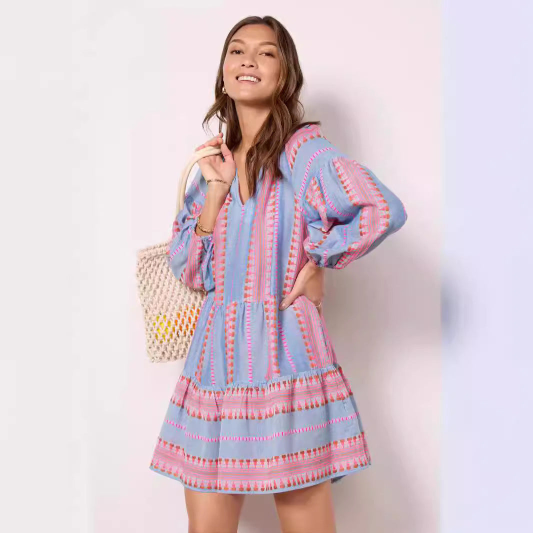 ELIN | Blauwe Boho Tuniekjurk – Luchtige Korte Zomerjurk met Borduursels