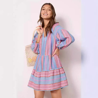 ELIN | Blauwe Boho Tuniekjurk – Luchtige Korte Zomerjurk met Borduursels