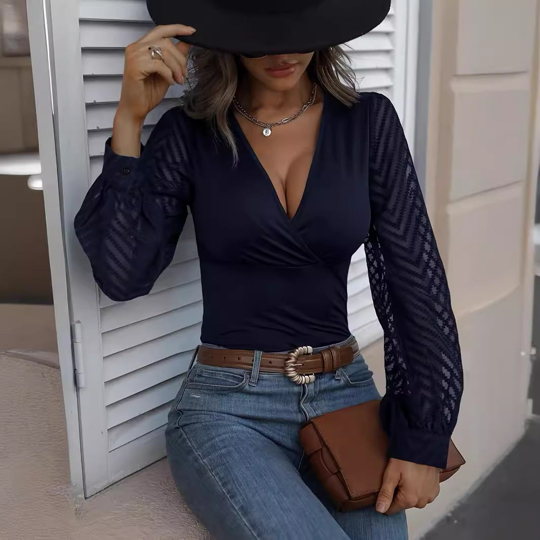 ANGELICA | Body met Transparante Mouwen en Diepe V-hals – Sexy & Elegant Dames Top
