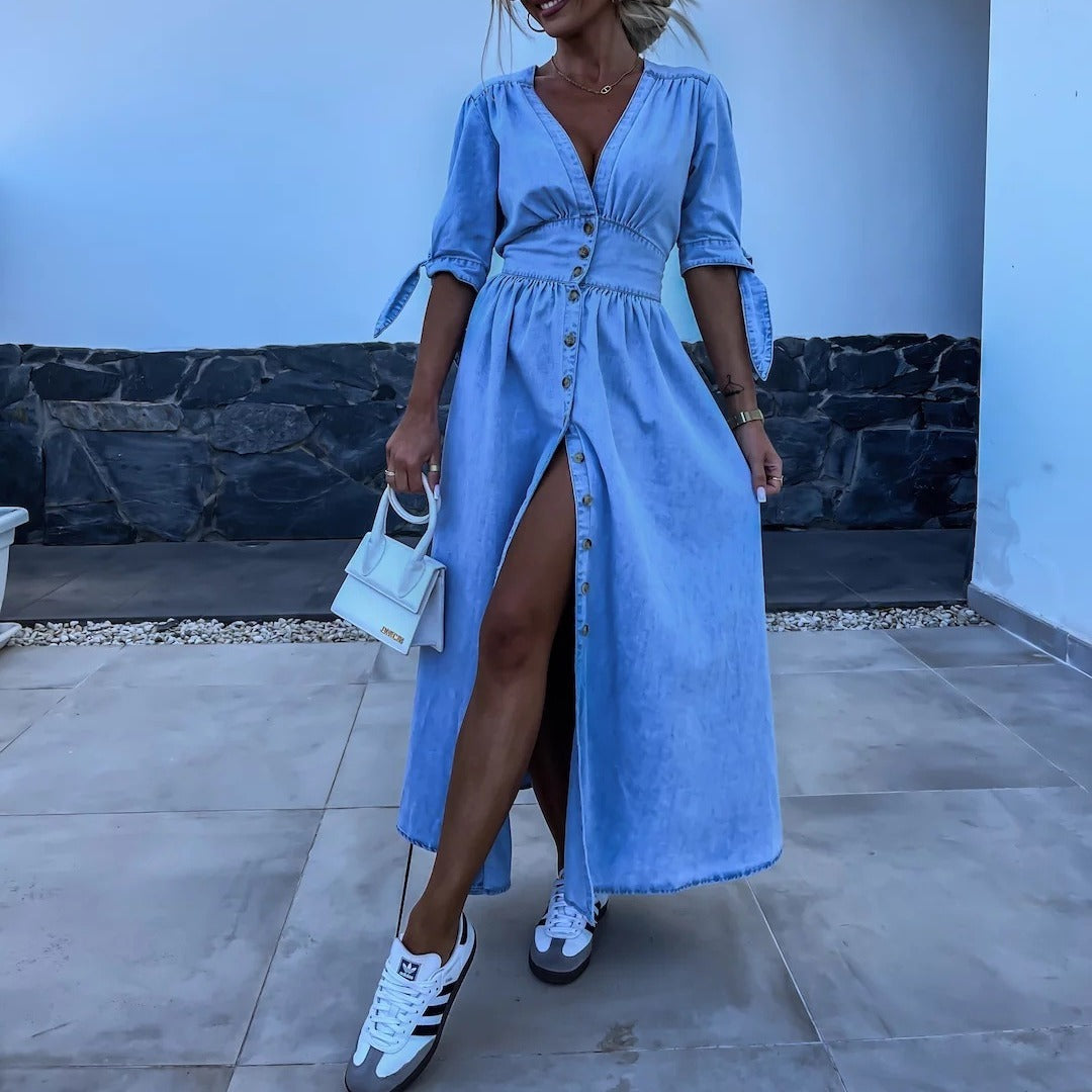 FELICIA | Denim Maxi Jurk – Casual Chic met Knopen & Strikmouwen
