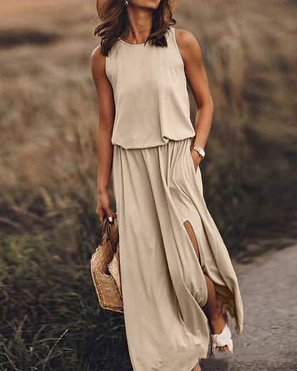 ZENDAYA | Mouwloze Maxi Jurk met Split – Casual Zomerjurk met Pockets