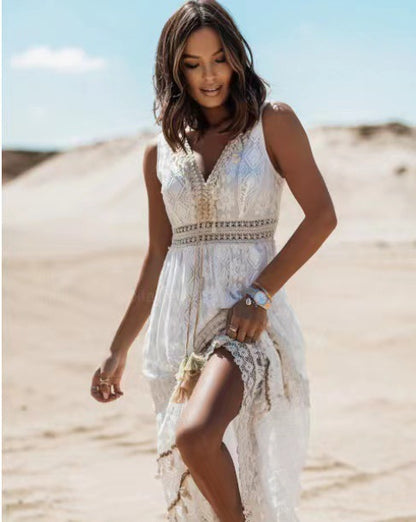 LOLA | Bohemian Witte Maxi Jurk met Kant – Luchtige Zomerjurk met Ibiza Vibe