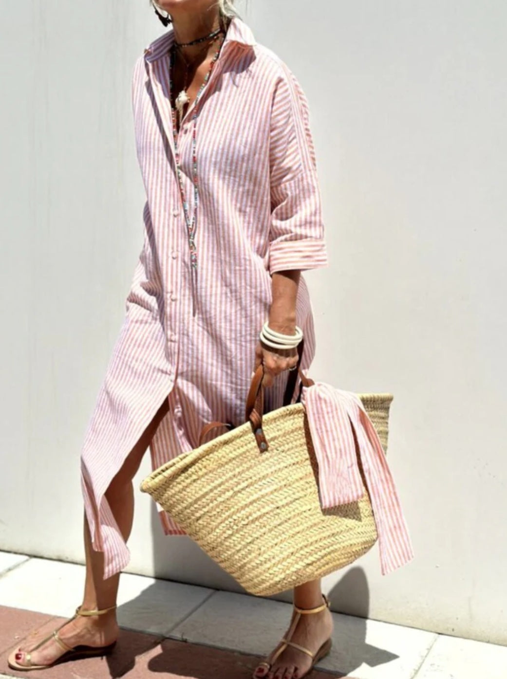 LINNE | Gestreepte Oversized Shirtjurk – Zomerse Damesjurk met Knoopsluiting en Split