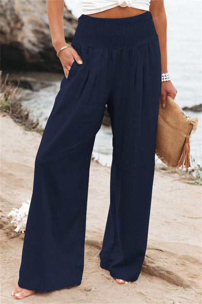 LEONORE | Linnen Look Wide Leg Broek Dames –  Hoge Taille Zomerbroek met Elastische Band