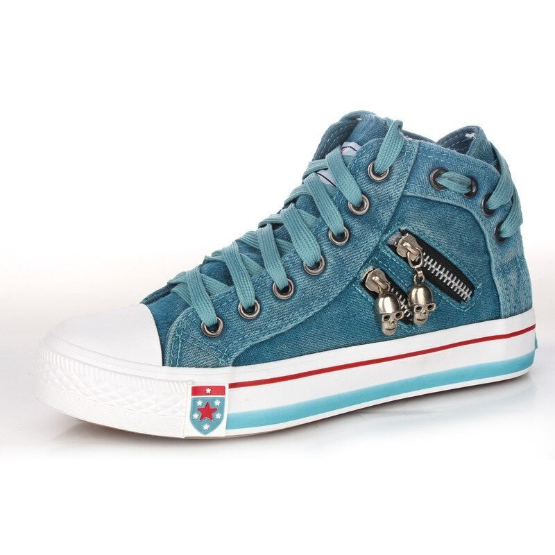 FREDERIQUE | High Top Denim Sneakers Dames met Skull Rits – Stoere Canvas Streetwear Schoenen