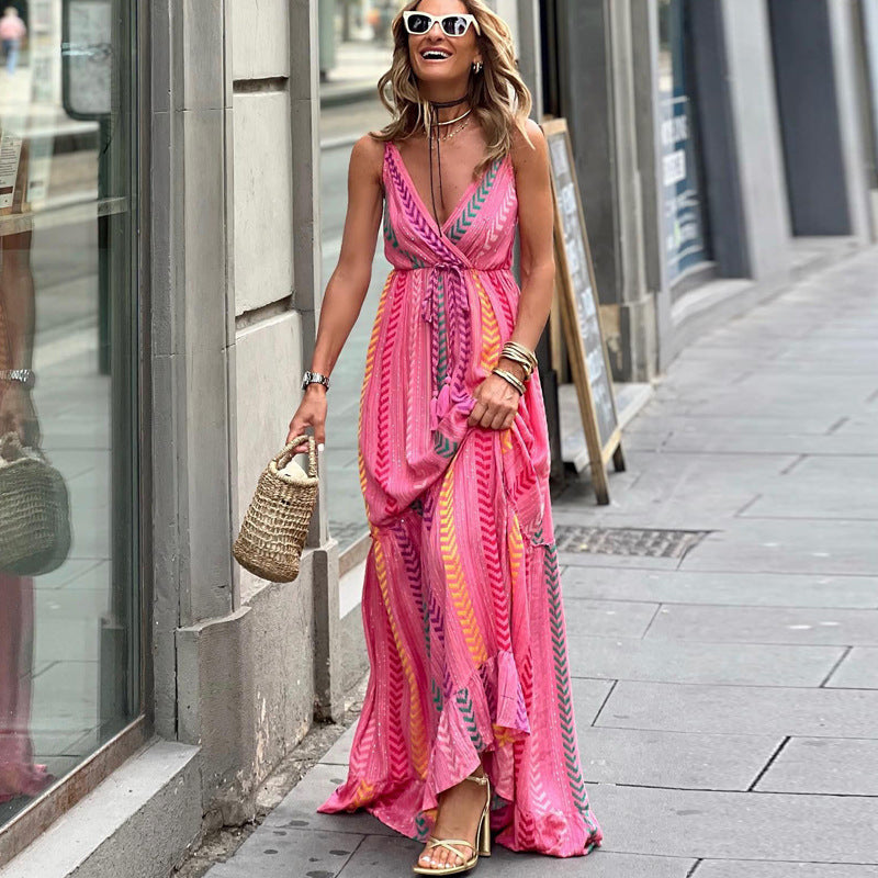 MAHA |  Roze Maxi Jurk Dames – Zomerse Lange Jurk met Print en Taillekoord