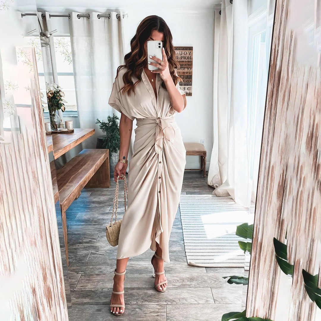 KIKI | Elegante Knoopjurk met V-Hals – Flatterende Drape & Zomers Comfort