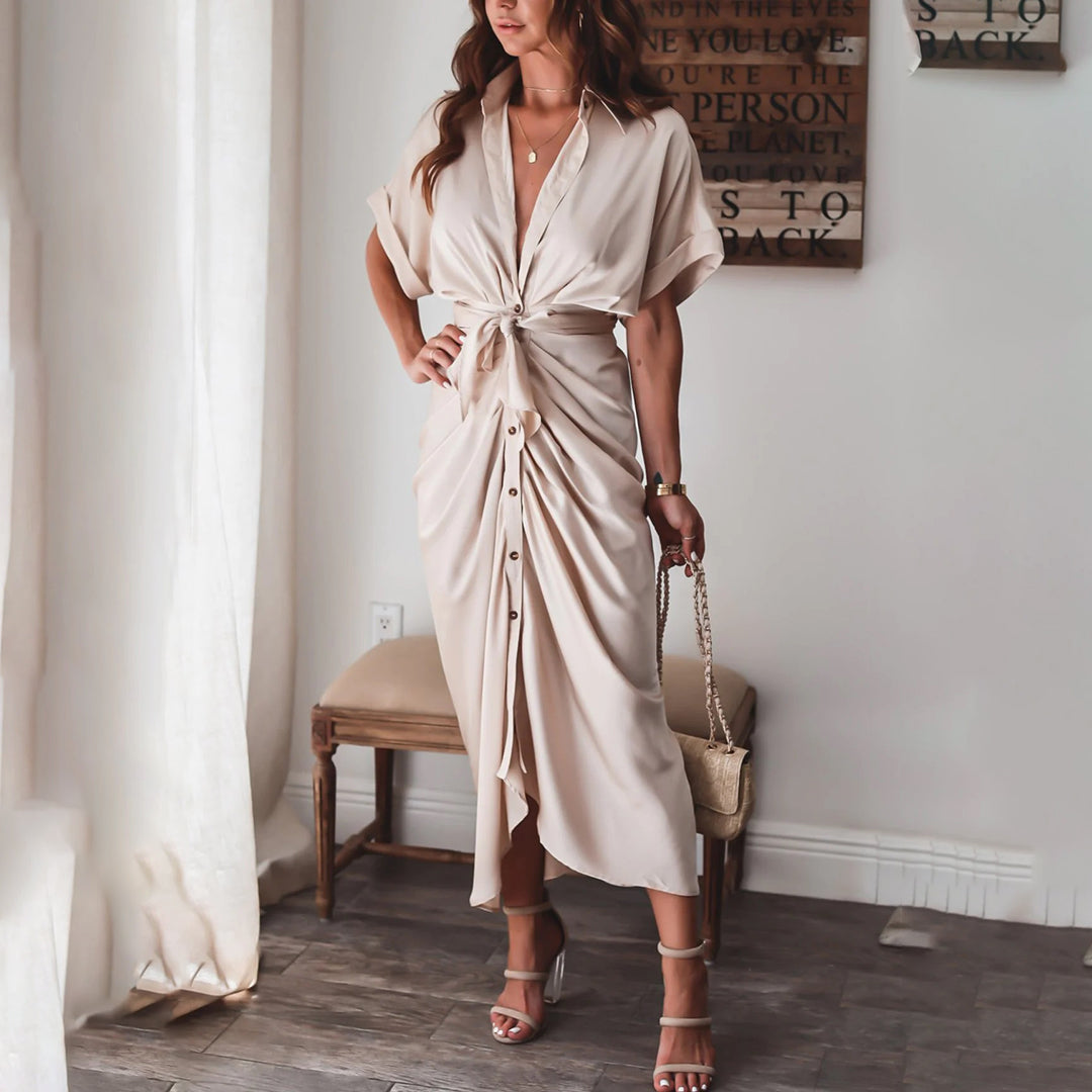 KIKI | Elegante Knoopjurk met V-Hals – Flatterende Drape & Zomers Comfort