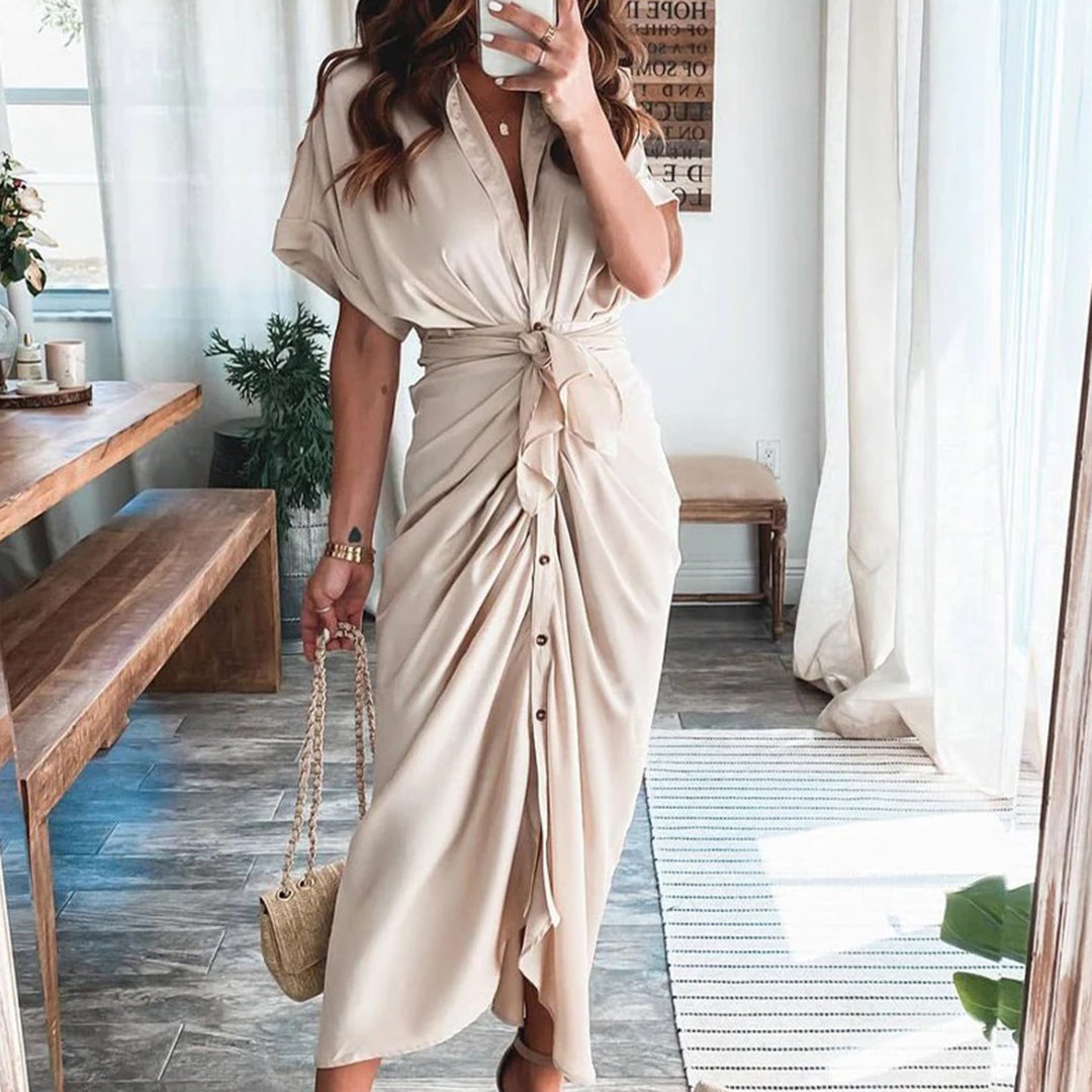 KIKI | Elegante Knoopjurk met V-Hals – Flatterende Drape & Zomers Comfort