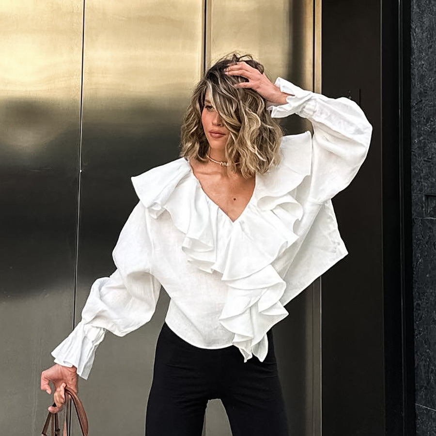 LOU | Witte Ruffle Blouse Dames – Statement Blouse met Volants en Pofmouwen