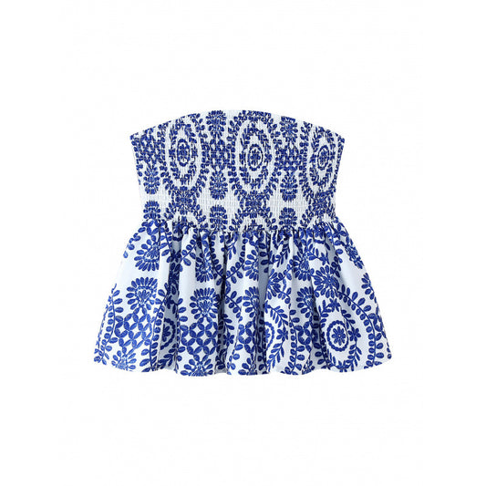 LONE | Strapless Dames Top met Blauwe Boho-Print – Luchtige Zomerse Eyecatcher