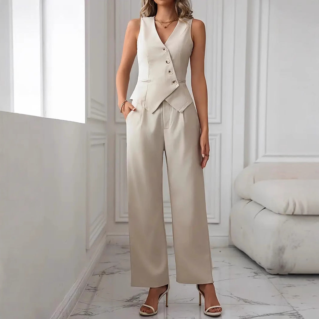 LIVA | Beige Mouwloze Blazer Jumpsuit – Elegante Tweedelige Set voor Dames
