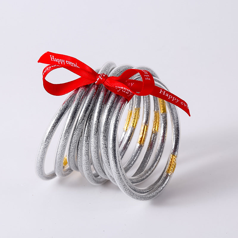 HOLLY | Set van 10 Glanzende Armbanden – Siliconen Glamour in Kleurenmix