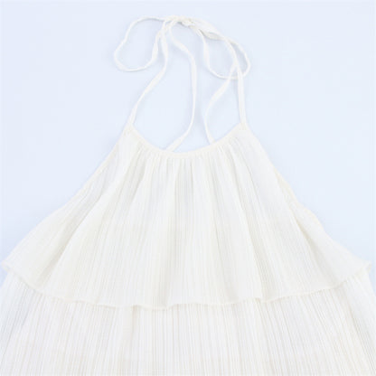 CHANELLE | Plissé Halterjurk met Laagjes – Bohemian Chic in Wit