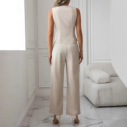 LIVA | Beige Mouwloze Blazer Jumpsuit – Elegante Tweedelige Set voor Dames