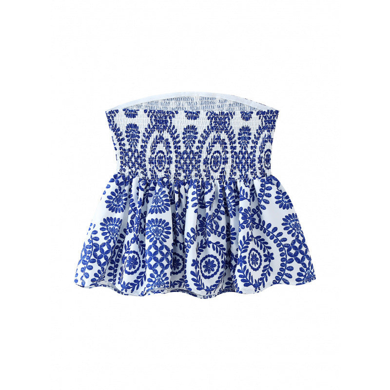 LONE | Strapless Dames Top met Blauwe Boho-Print – Luchtige Zomerse Eyecatcher