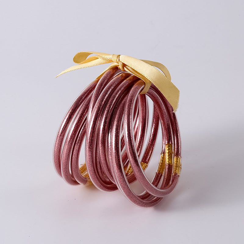 HOLLY | Set van 10 Glanzende Armbanden – Siliconen Glamour in Kleurenmix