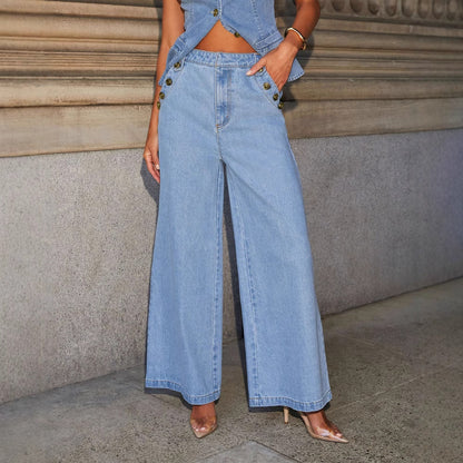 AUDE | Denim Two-Piece Set – Getailleerd Mouwloos Gilet & Wide-Leg Jeans