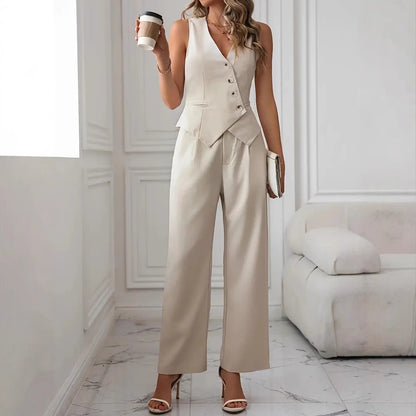 LIVA | Beige Mouwloze Blazer Jumpsuit – Elegante Tweedelige Set voor Dames