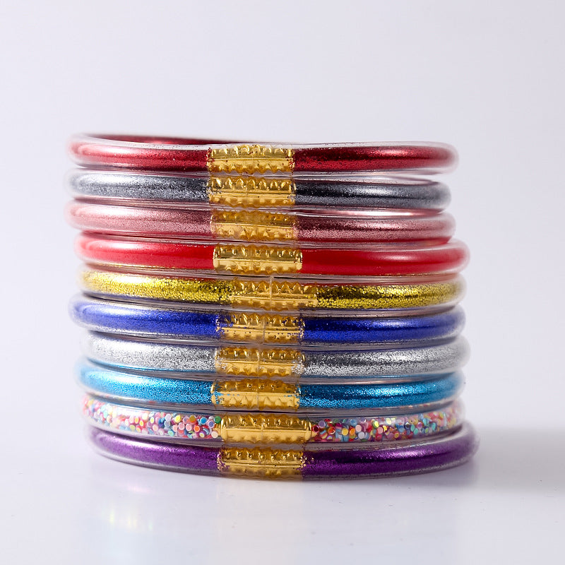 HOLLY | Set van 10 Glanzende Armbanden – Siliconen Glamour in Kleurenmix
