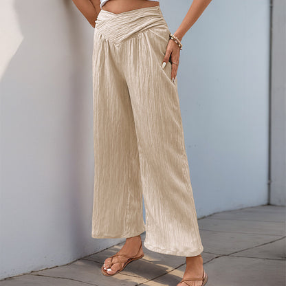 LORE | Beige Satijnen Palazzo Broek met Gekruiste Taille – Luchtige High-Waist Zomerbroek