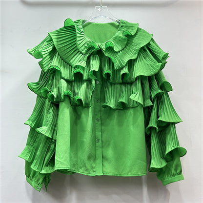 CAAT | Ruches Blouse met Plissé Mouwen – Statement Stijl in Felle Kleuren
