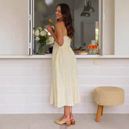 CILIA | Gestreepte Zomerjurk met Knoopdetail – Luchtige Elegantie