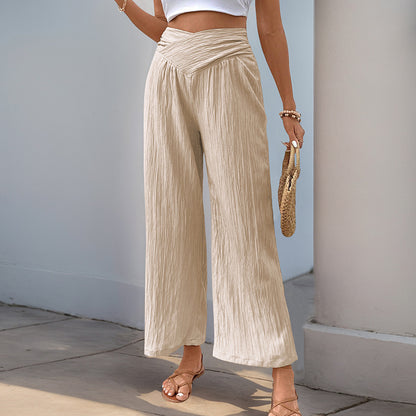 LORE | Beige Satijnen Palazzo Broek met Gekruiste Taille – Luchtige High-Waist Zomerbroek