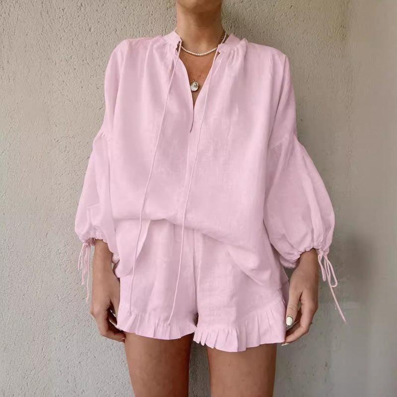 KAROLIEN | Loungewear Set met Ruches – Zachte Katoenen Set in 3 Kleuren