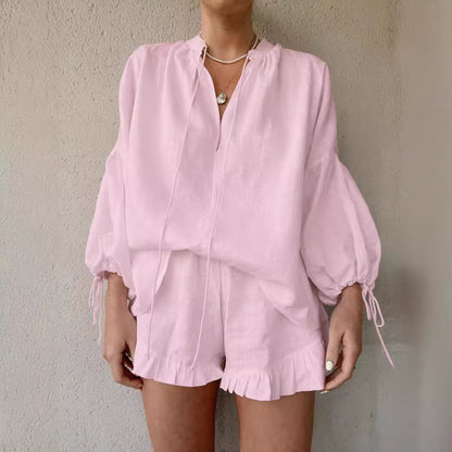 KAROLIEN | Loungewear Set met Ruches – Zachte Katoenen Set in 3 Kleuren