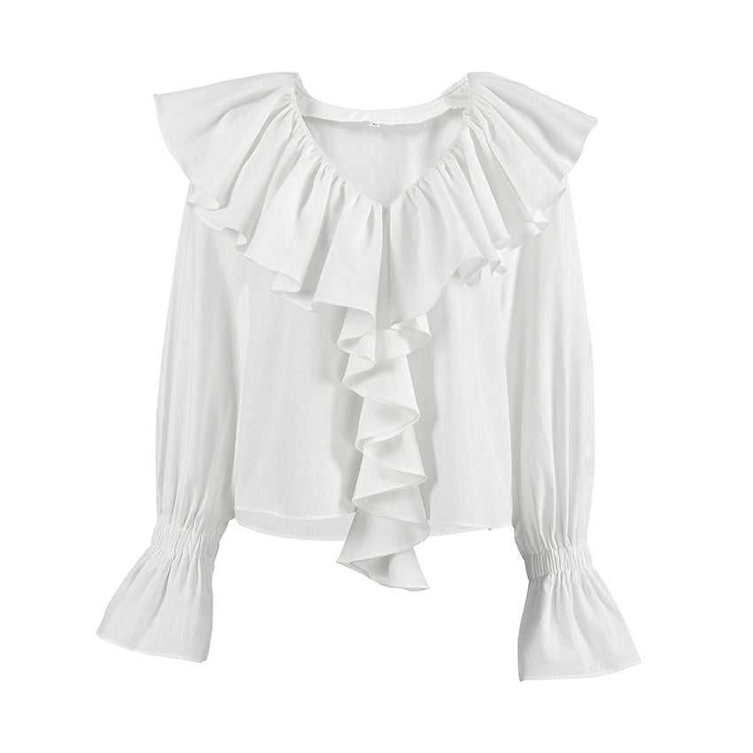LOU | Witte Ruffle Blouse Dames – Statement Blouse met Volants en Pofmouwen