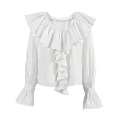 LOU | Witte Ruffle Blouse Dames – Statement Blouse met Volants en Pofmouwen