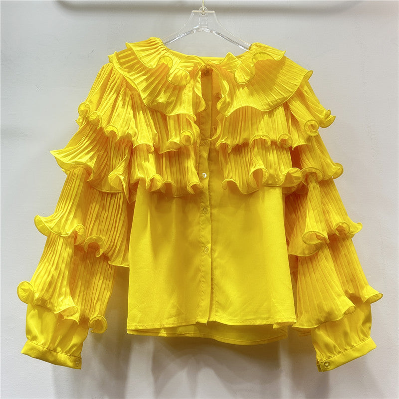 CAAT | Ruches Blouse met Plissé Mouwen – Statement Stijl in Felle Kleuren