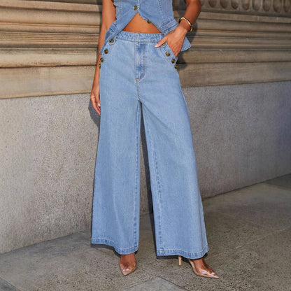 AUDE | Denim Two-Piece Set – Getailleerd Mouwloos Gilet & Wide-Leg Jeans