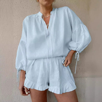 KAROLIEN | Loungewear Set met Ruches – Zachte Katoenen Set in 3 Kleuren