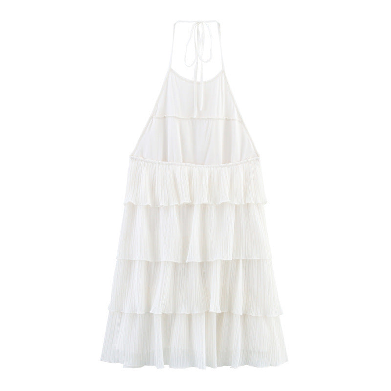 CHANELLE | Plissé Halterjurk met Laagjes – Bohemian Chic in Wit