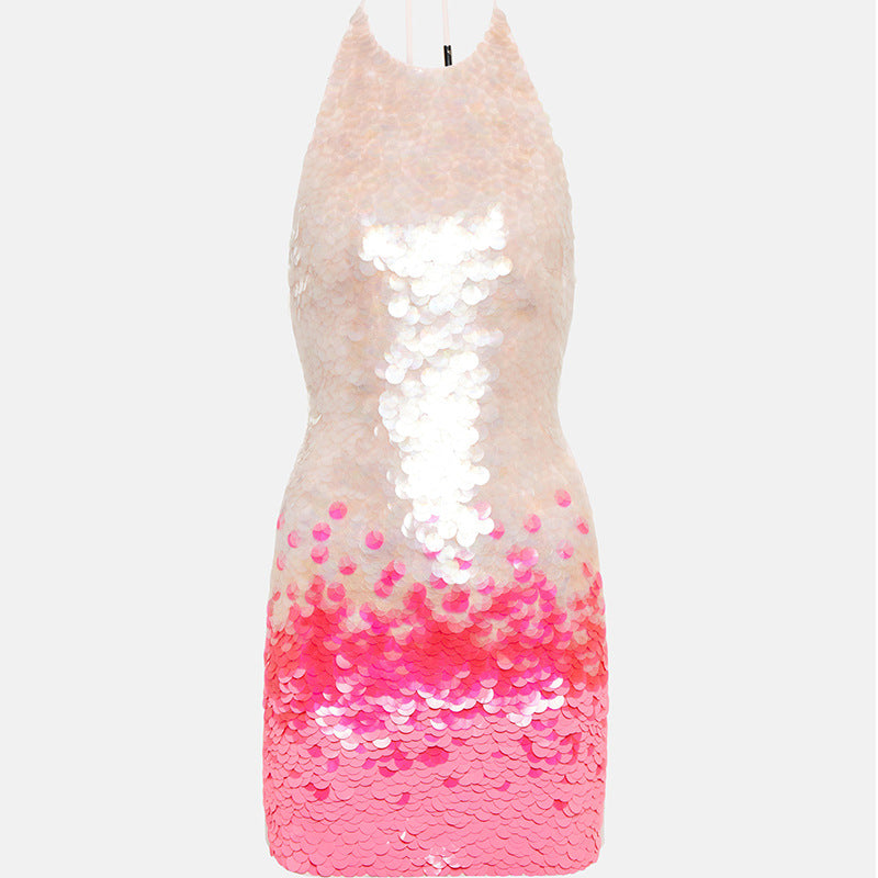 JUUL | Mini Halterjurk met Roze Ombre Pailletten – Party Ready & Glamorous