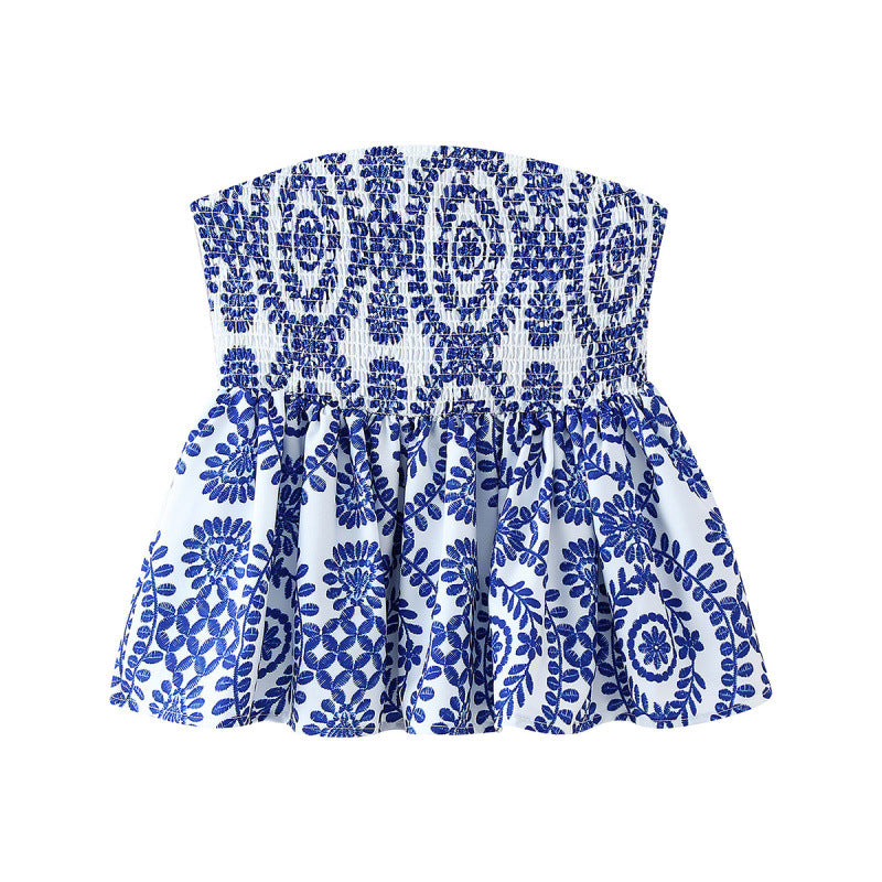 LONE | Strapless Dames Top met Blauwe Boho-Print – Luchtige Zomerse Eyecatcher