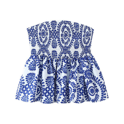 LONE | Strapless Dames Top met Blauwe Boho-Print – Luchtige Zomerse Eyecatcher