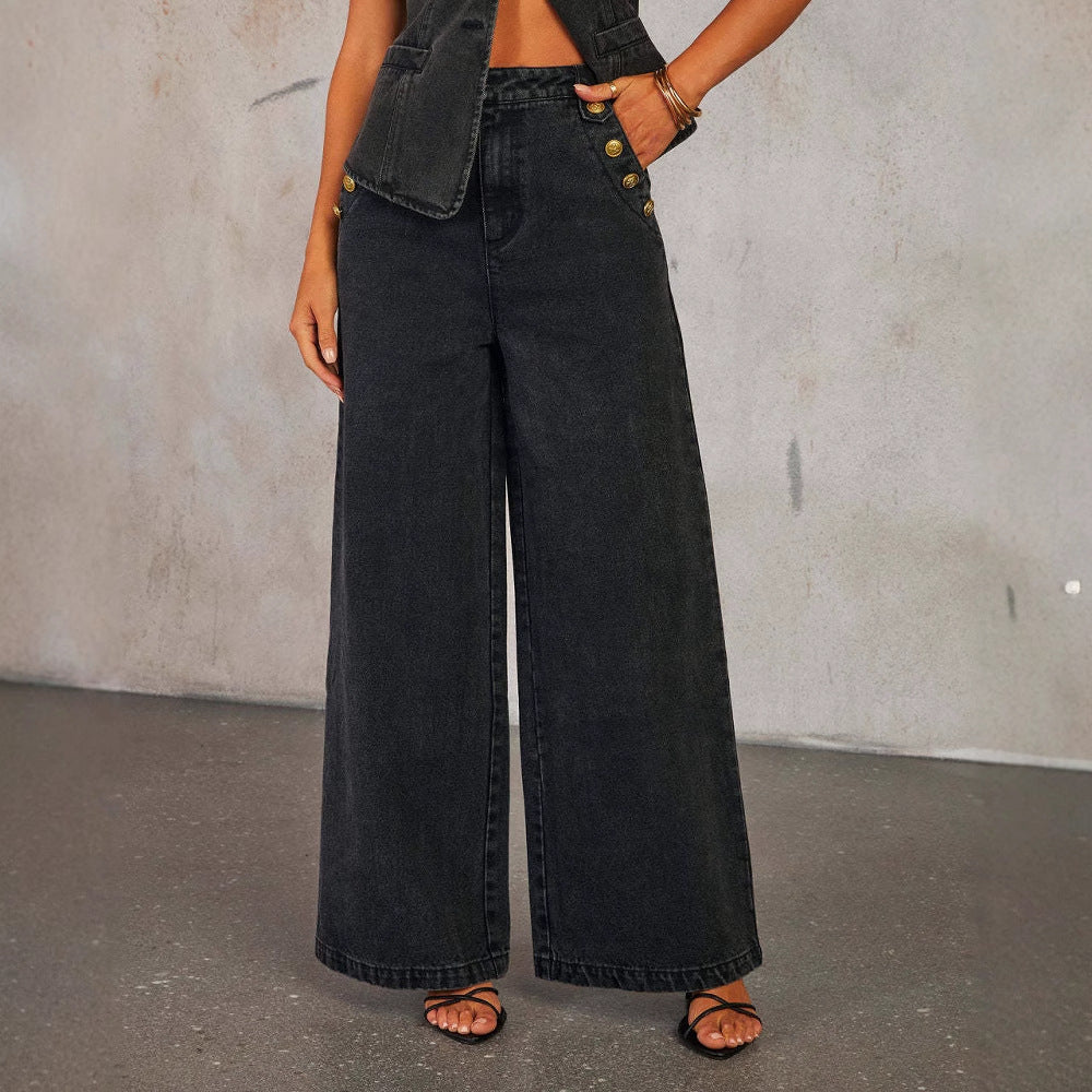 AUDE | Denim Two-Piece Set – Getailleerd Mouwloos Gilet & Wide-Leg Jeans
