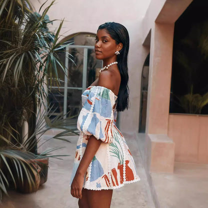 LATIFA | Boho Chic Off Shoulder Jurk – Artistieke Print & Speelse Look