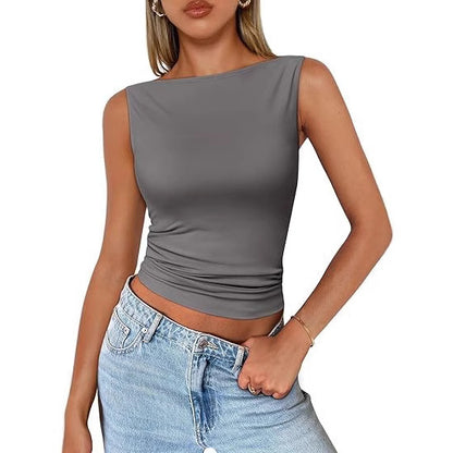 GEORGINA| Mouwloze Fitted Top met Hoge Hals – Minimalistische Dames Top