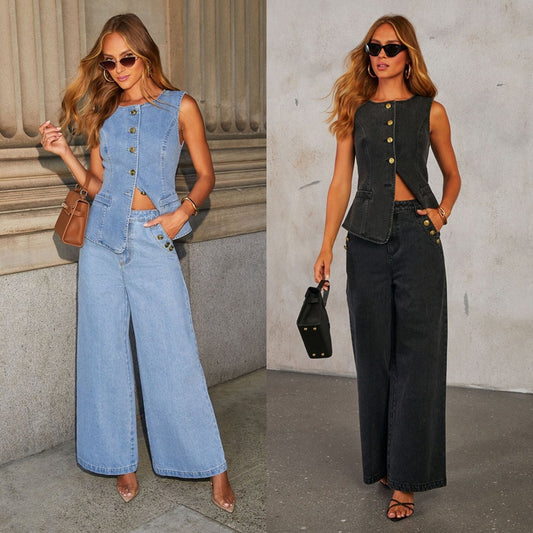 AUDE | Denim Two-Piece Set – Getailleerd Mouwloos Gilet & Wide-Leg Jeans
