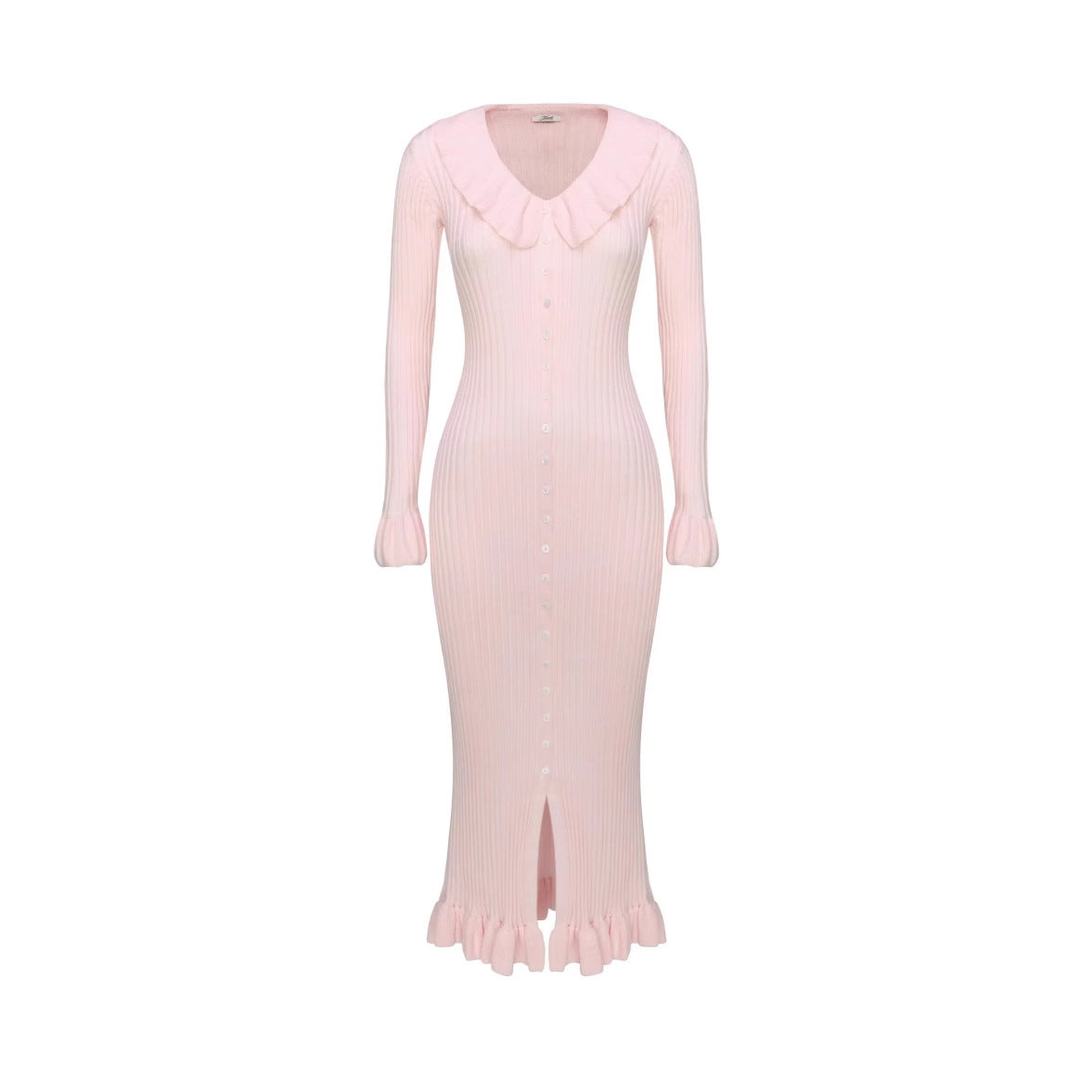 FEDERICA | Ribgebreide Jurk met Volant – Elegante Knopenlook