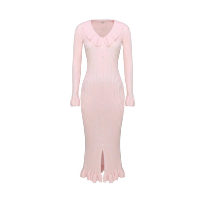 FEDERICA | Ribgebreide Jurk met Volant – Elegante Knopenlook