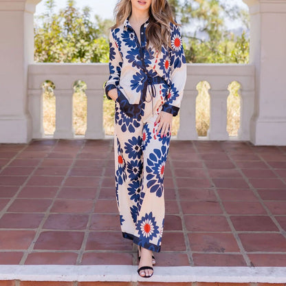 AMY | Satijnen Bloemenprint Co-ord Set – Dames Loungepak met Blouse & Wijde Broek