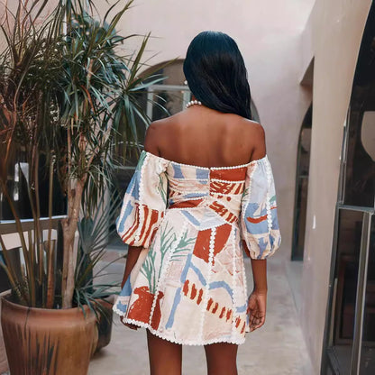 LATIFA | Boho Chic Off Shoulder Jurk – Artistieke Print & Speelse Look
